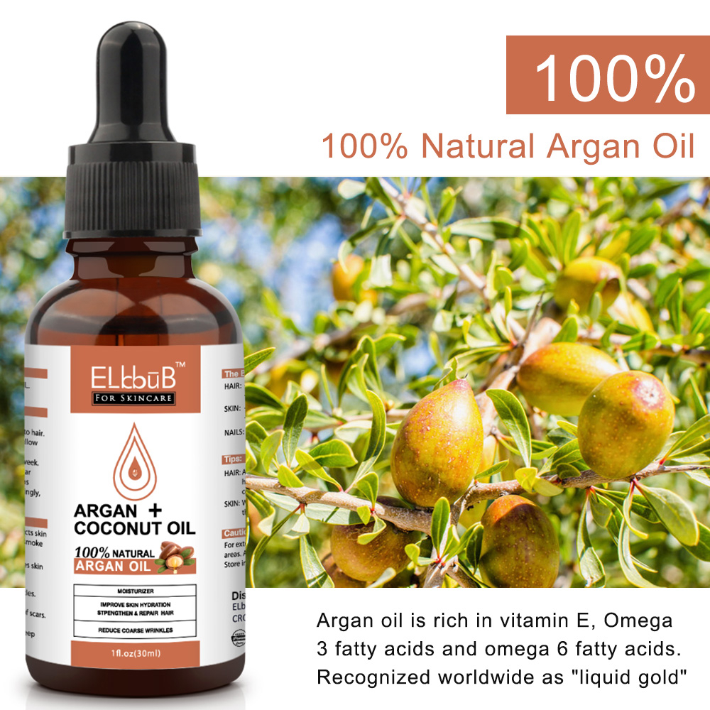 Elbbub Natural Argan Coconut Oil For Face Hair Skin Nails Reduces Wrinkles Improves Skin Moisturizer Great for Dry Scalp Split Ends Dry & Damaged Hair