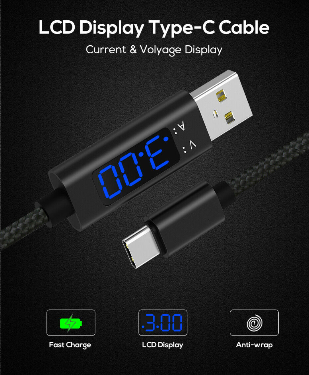 USB C Type-C Fast Charging Voltage Display LED USB-C Samsung Huawei 3.0A Cable