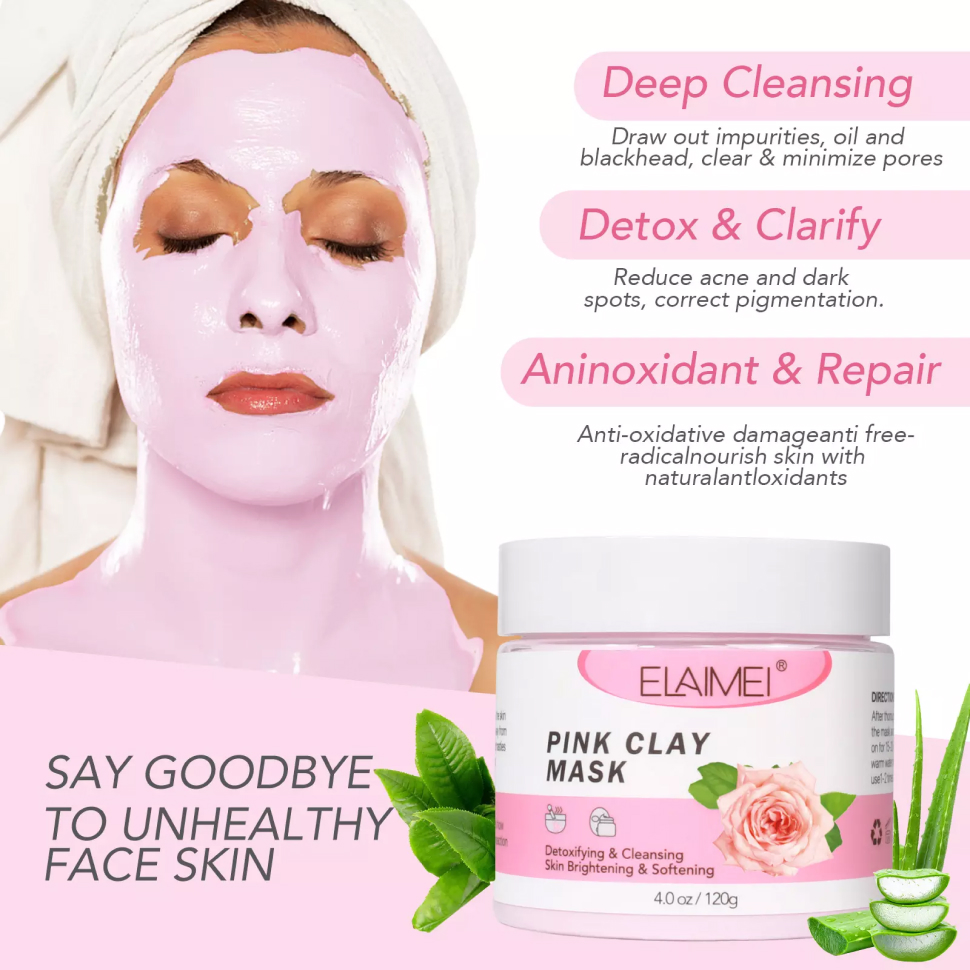 Elaimei Rose Kaolin Pink Clay Face Mask Pore Cleaner Detox Skin Oil Remove Blemishes Acne Treat Deep Cleansing Facial Blackhead Green Tea