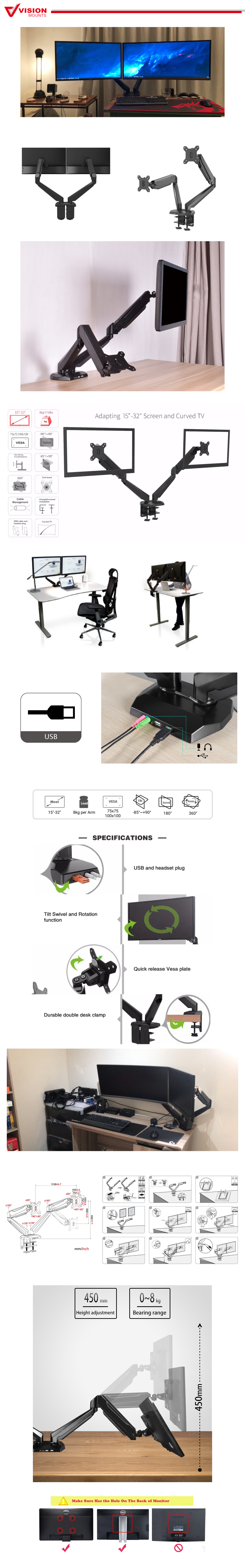 Vision Mounts VM-LCD-GM224U-USB | Dual Monitor Stand Arm LED Desk Mount Bracket Screen Holder Gas Spring 32
