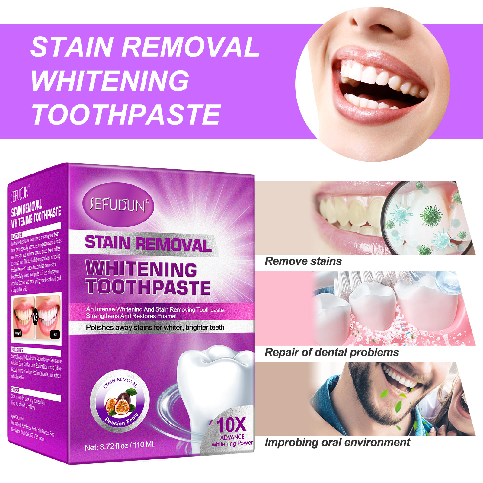 Sefudun Whitening ToothPaste Teeth Hygiene Stain Removal Color Corrector Sensitive Gums Strengthens Restore Enamel Brightening