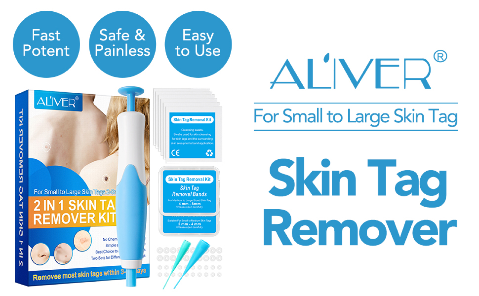 ALIVER skin tag removal kit utilizes the ligation method with small rubber bands 