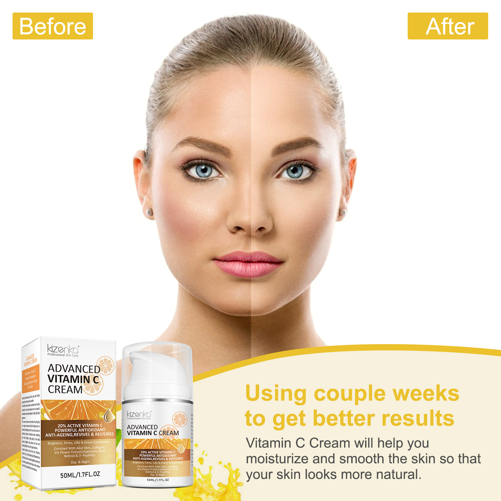 Kizenka Vitamin C Face Cream Anti-Aging Facial Moisturizer Skin Care Retinol Wrinkle Hydrating Repair Reduce Fine Line Hyaluronic Acid