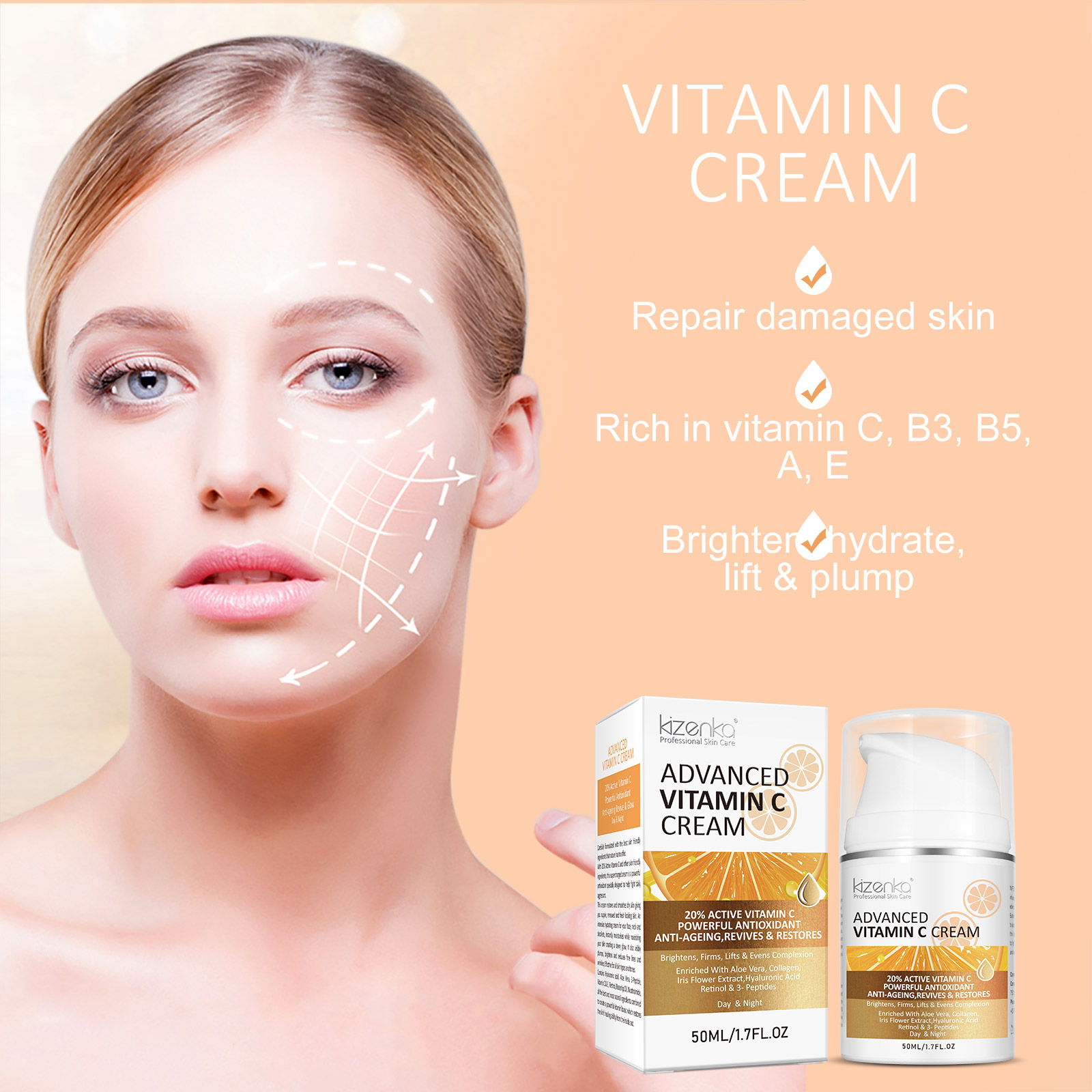 Kizenka Vitamin C Face Cream Anti-Aging Facial Moisturizer Skin Care Retinol Wrinkle Hydrating Repair Reduce Fine Line Hyaluronic Acid