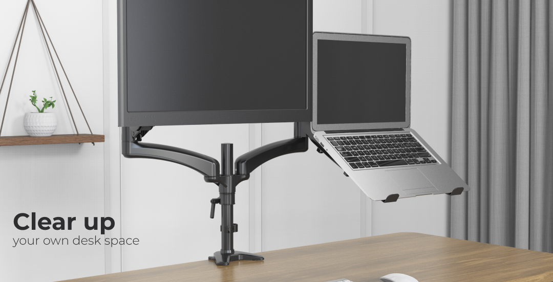 Vision Mounts VM-GM124D-D15 | Dual Screen Monitor Stand 2 Arm Desk Mount with Laptop Adapter Holder Bracket  