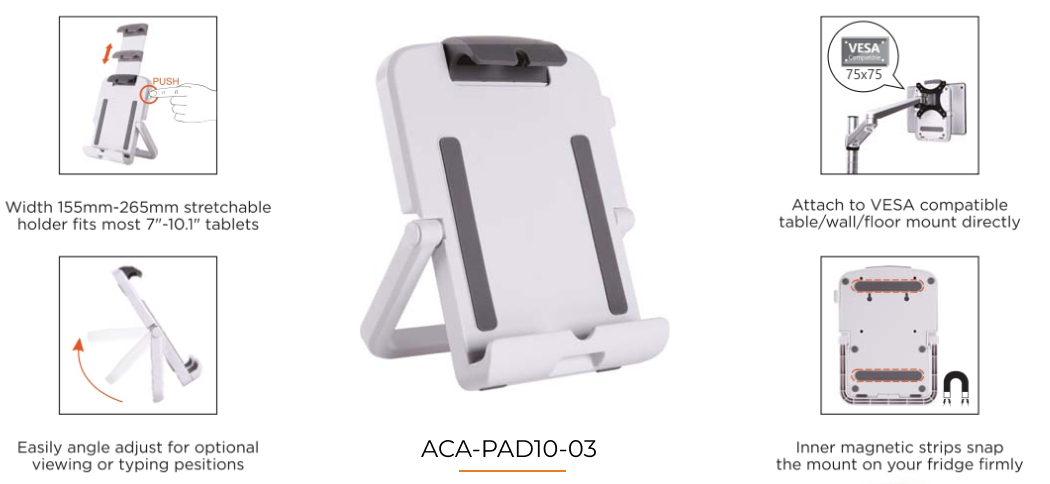 Acatana ACA-PAD10-03 | Tablet Stand Holder Reader Mount Universal | Magnetic, VESA adapter,  fits 7