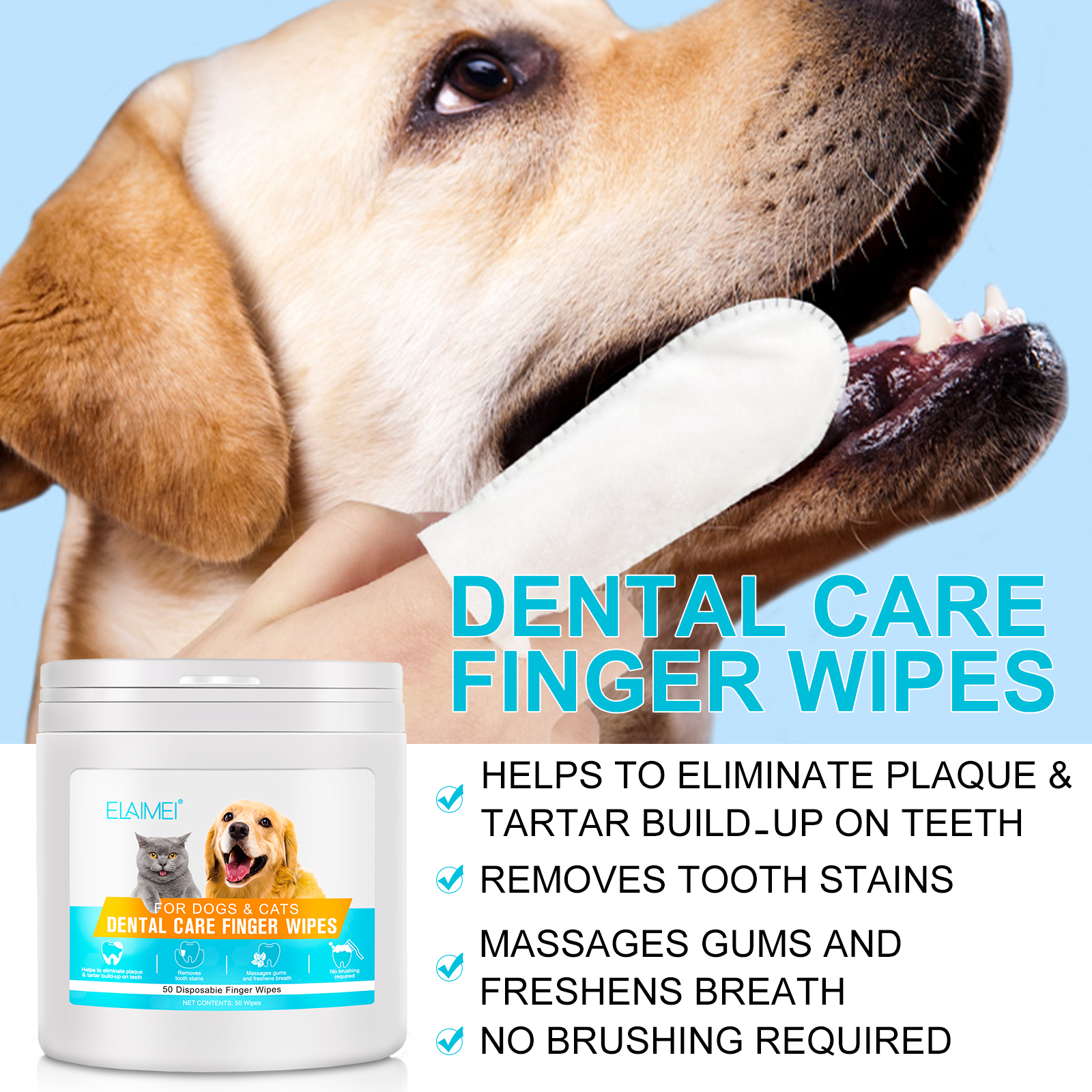 Elaimei Pet Dental Care Tooth Finger Wipes Dog Cat Oral Cleaning Fresh Breath Bad Smell Remover Hygiene and Health (Pack of 50pcs)