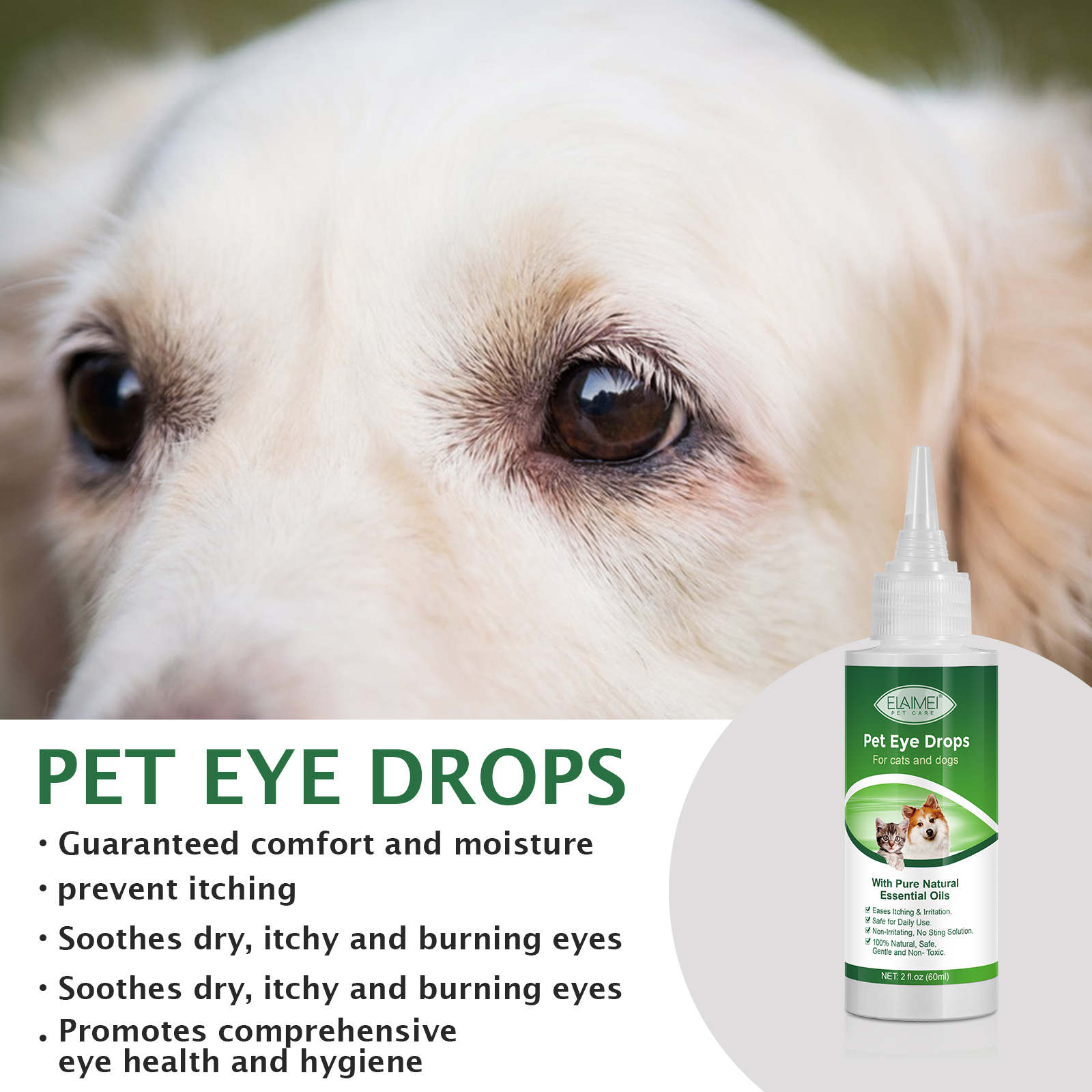 Elaimei Pet Eye Clear Drops Infection Dogs Cats Dry Itchy Irritation Bacterial Natural Animal Pink Eye Treatment Safe Cleanser Daily Use 60ml