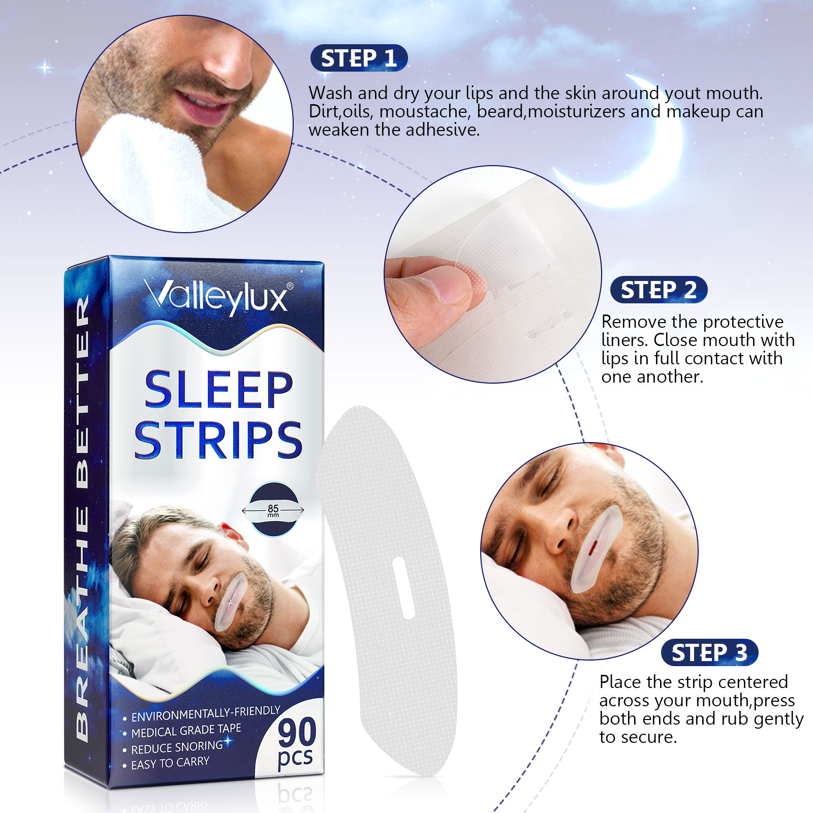 ValleyLux Anti Snoring Sleep Strips Gentle Mouth Tape for Nose Breathing Low Loud Snoring Relief 90 pcs