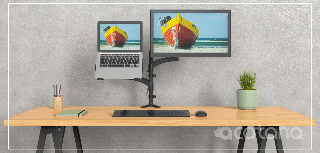 acatana ACA-LH08 | Dual Monitor Stand 2 Arm Desk Mount with Tray Holder Adapter for Laptop up to 16kg 32
