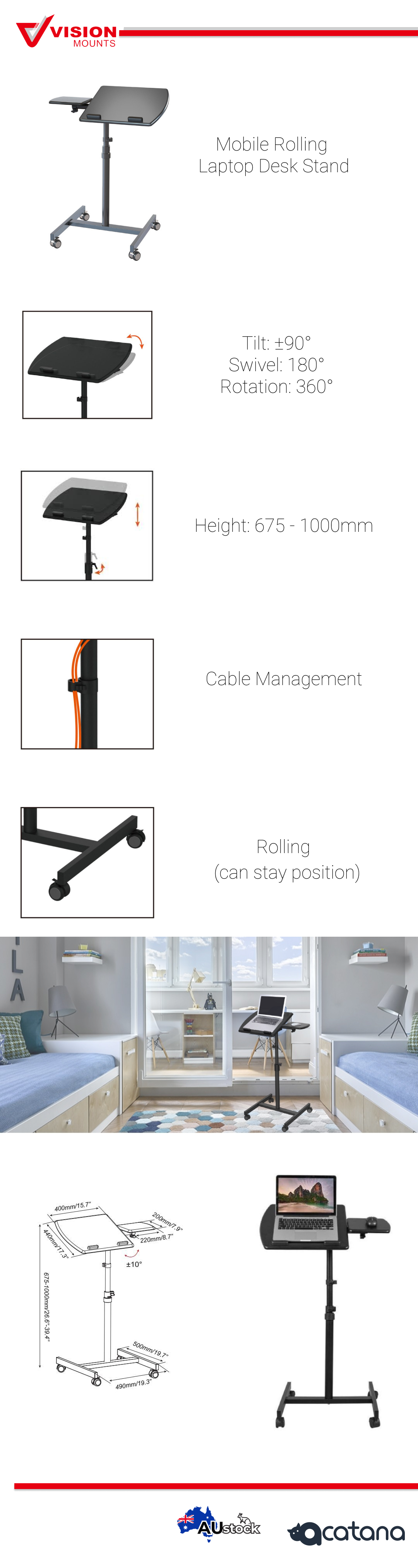 Vision Mounts VM-LH06 | Mobile Rolling Laptop Desk Table Stand Cart Adjustable Free Height Bedside 10kg