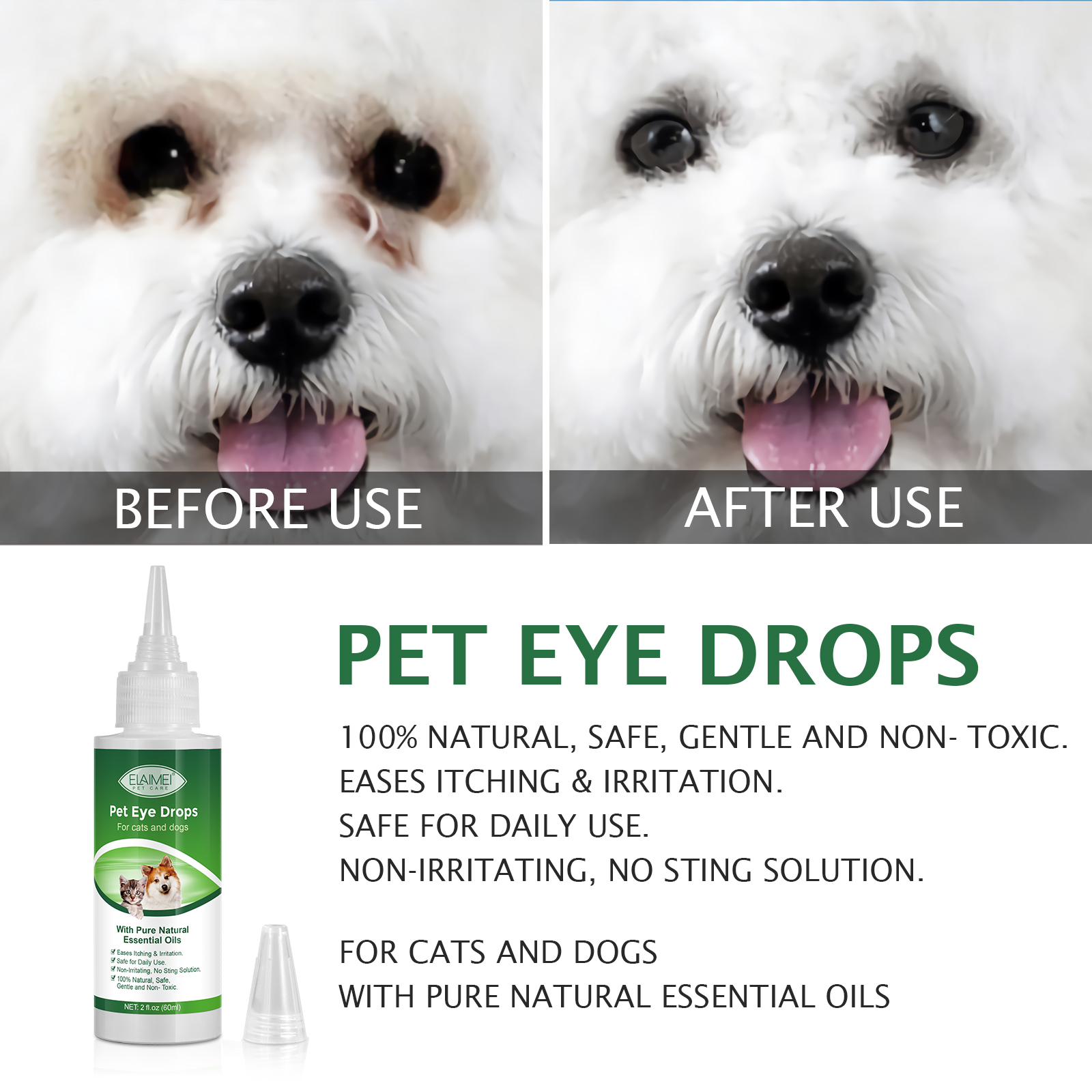 Elaimei Pet Eye Clear Drops Infection Dogs Cats Dry Itchy Irritation Bacterial Natural Animal Pink Eye Treatment Safe Cleanser Daily Use 60ml