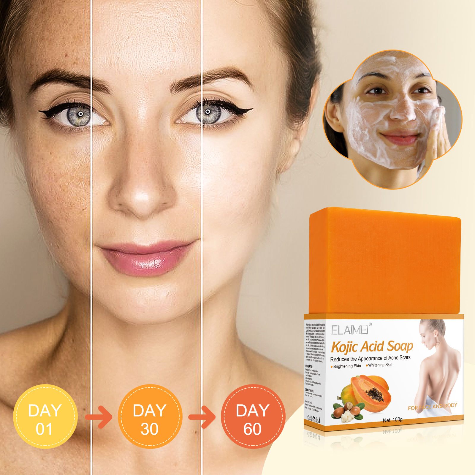 Elaimei Whitening Kojic Acid Soap Facial Bleaching Dark Spot Acne Scars Skin Brighter Lightening Detox Pigmentation Removal Reduce