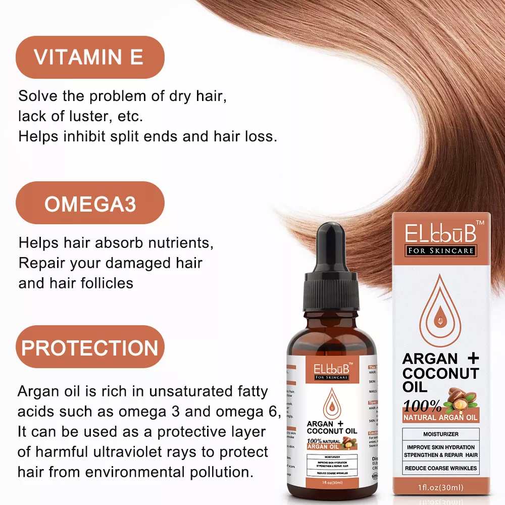 Elbbub Natural Argan Coconut Oil For Face Hair Skin Nails Reduces Wrinkles Improves Skin Moisturizer Great for Dry Scalp Split Ends Dry & Damaged Hair