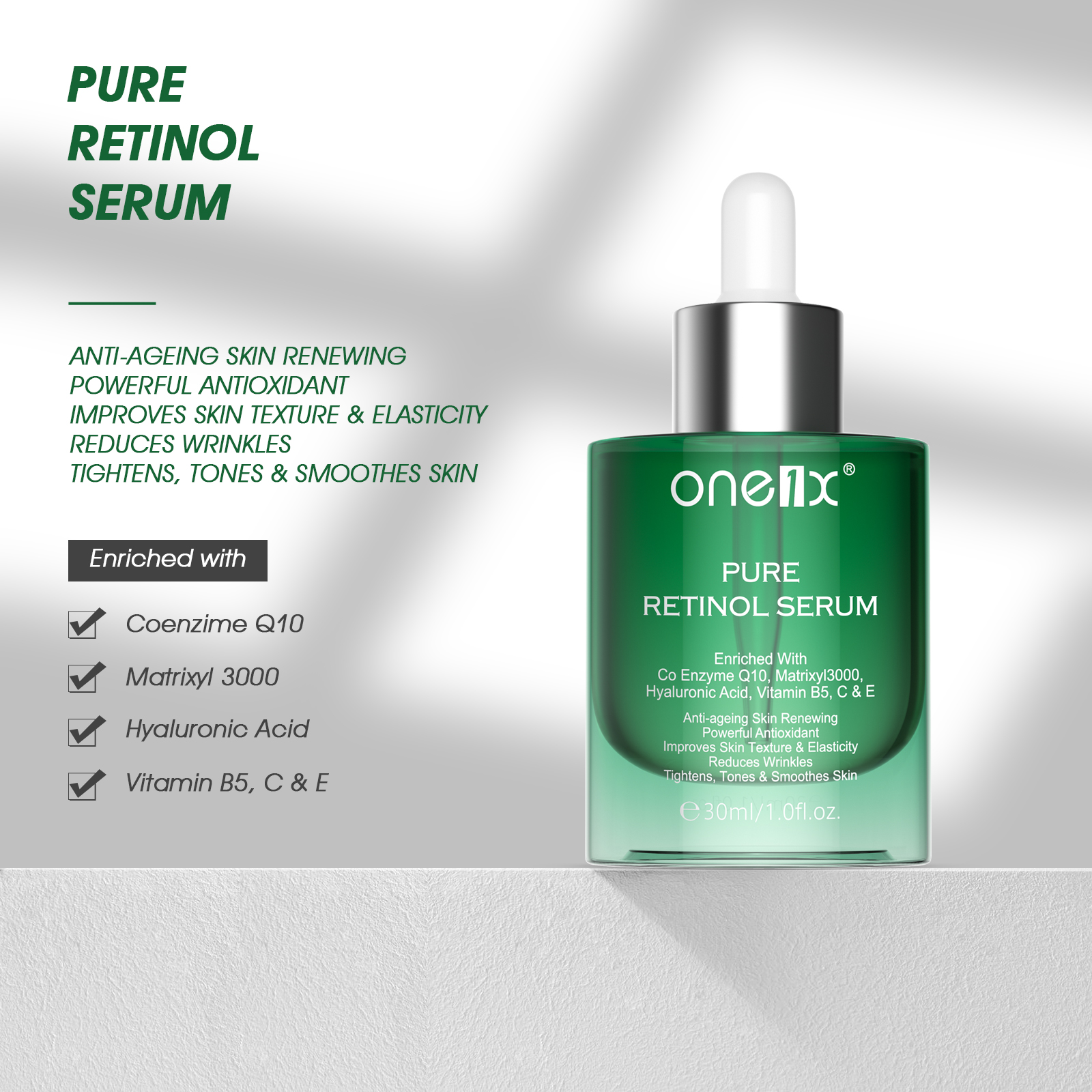 One1x Pure Retinol Facial Serum Anti Aging Anti Wrinkle Skin Care Moisturizer Face Dark Spot Lines Remover Hyaluronic Acid Day Night Brightening