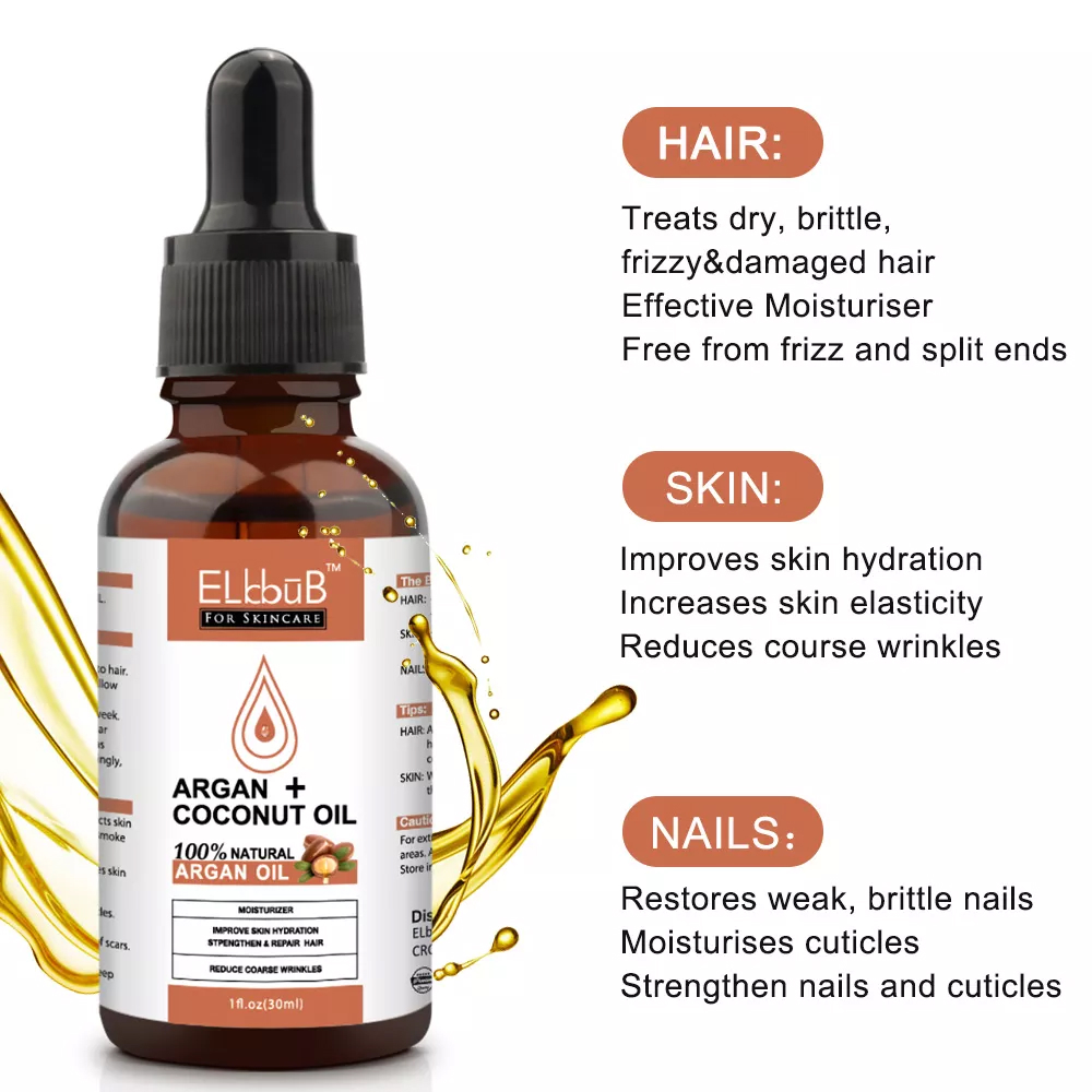 Elbbub Natural Argan Coconut Oil For Face Hair Skin Nails Reduces Wrinkles Improves Skin Moisturizer Great for Dry Scalp Split Ends Dry & Damaged Hair