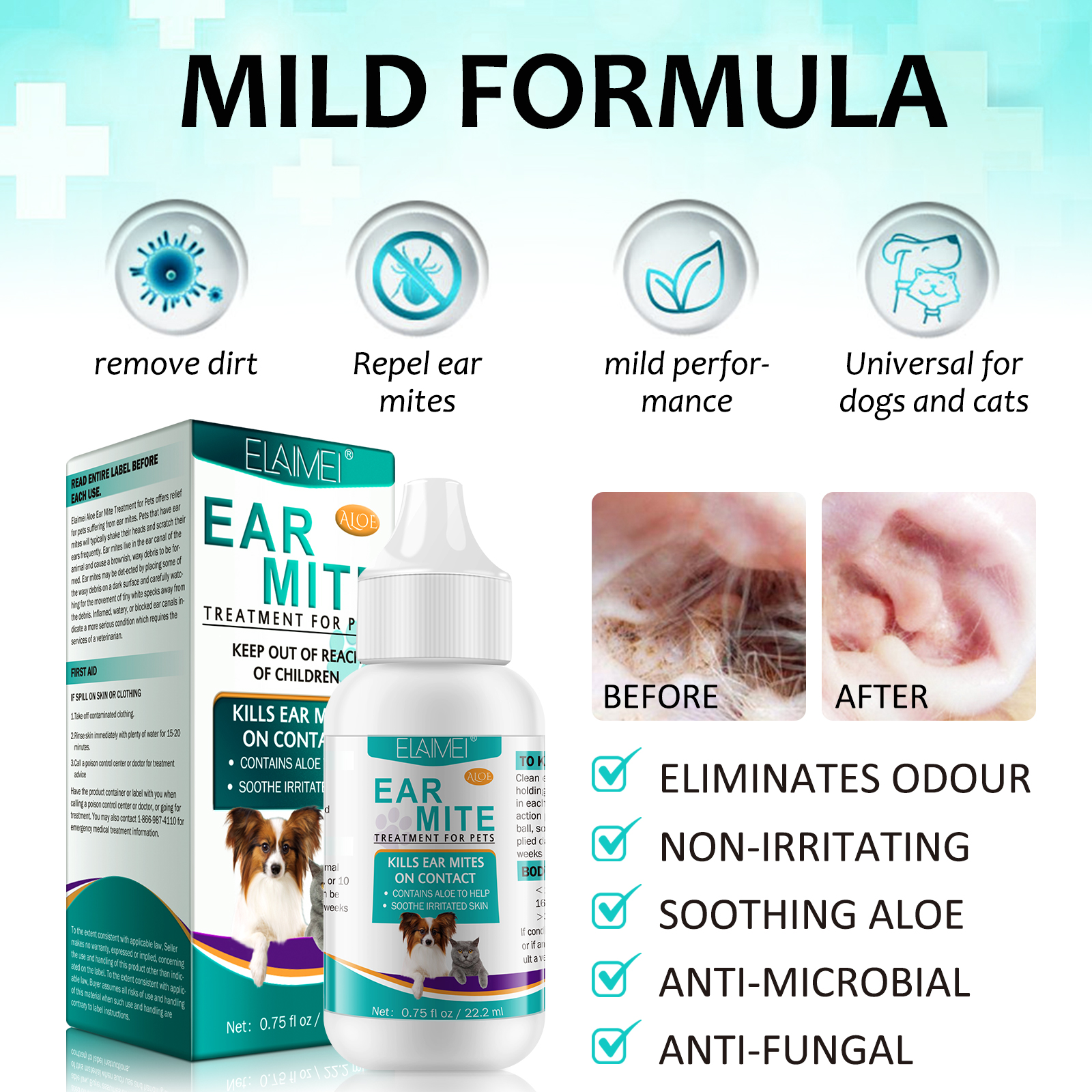 Elaimei Pet Ear Care Mite Canal Dog Cat Parasite Remover Killer Protection Drops Repel Cleaner Otic Itching Odours Fungal