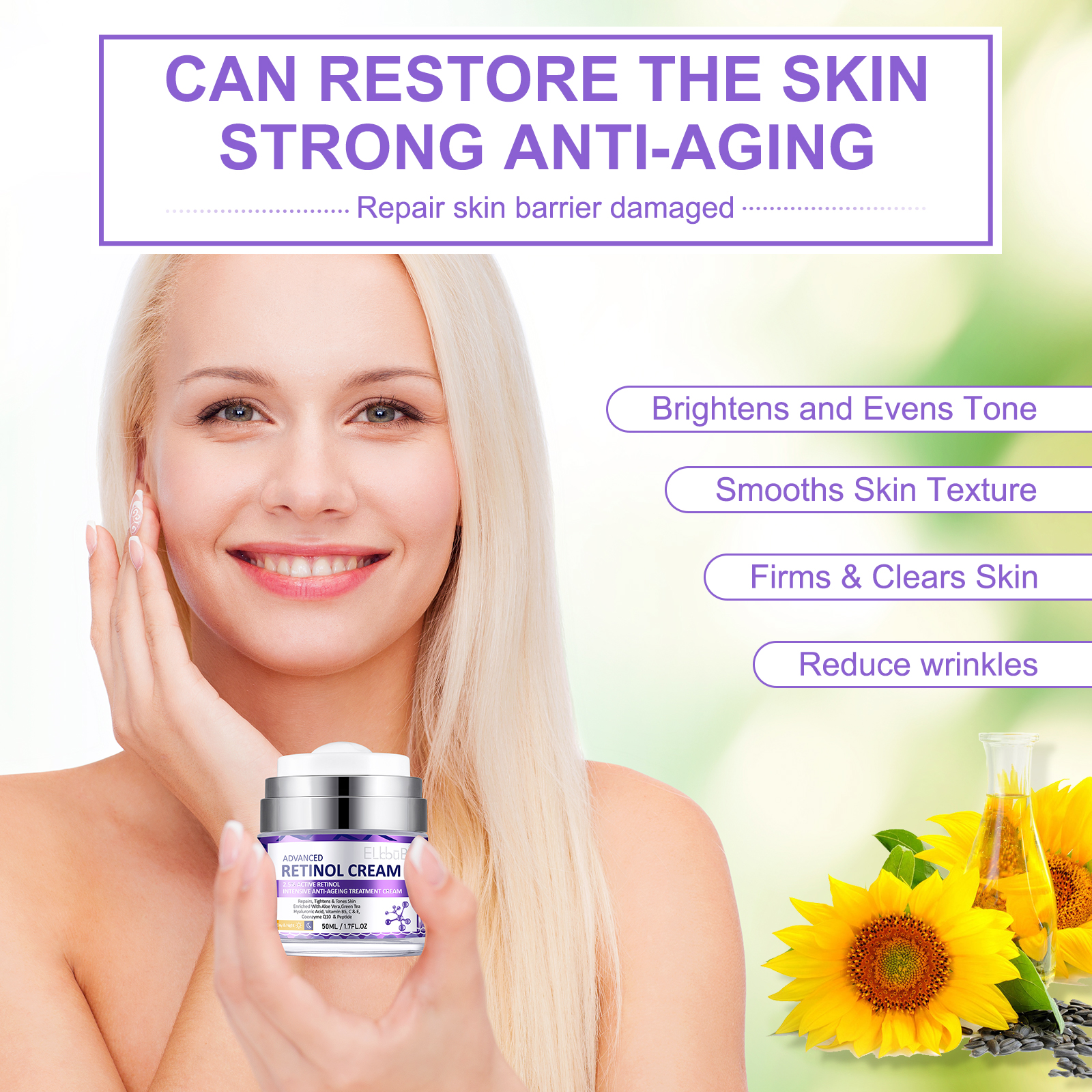 Elbbub 2.5% Retinol Face Cream Anti Aging Treatment Moisturizing Wrinkle Remover Intensive Skin Care Fine Line Repair Day Night Care Lifting